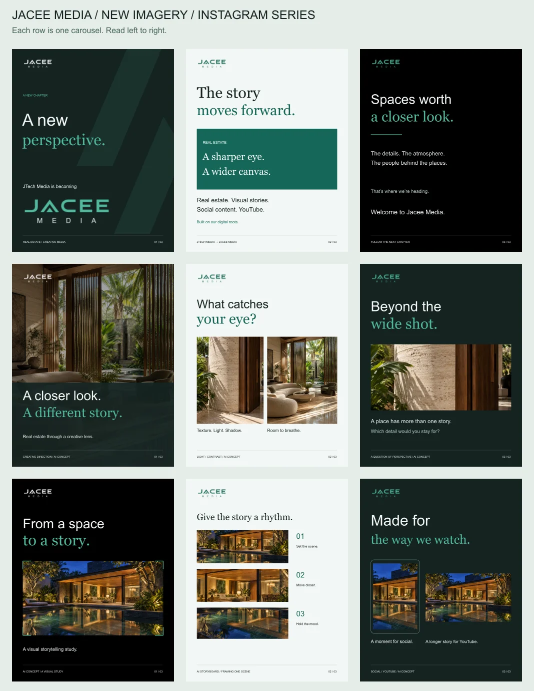 Nine Jacee Media carousel slides introducing the rebrand and creative direction