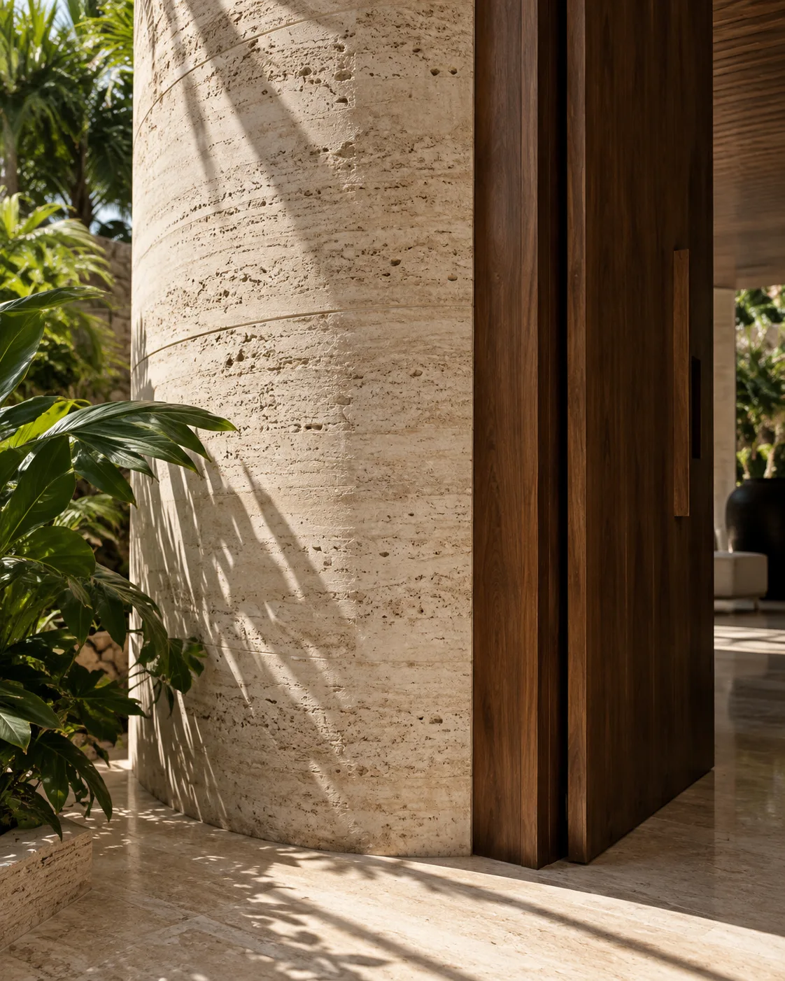 AI concept study of sunlight on travertine stone, walnut and tropical foliage