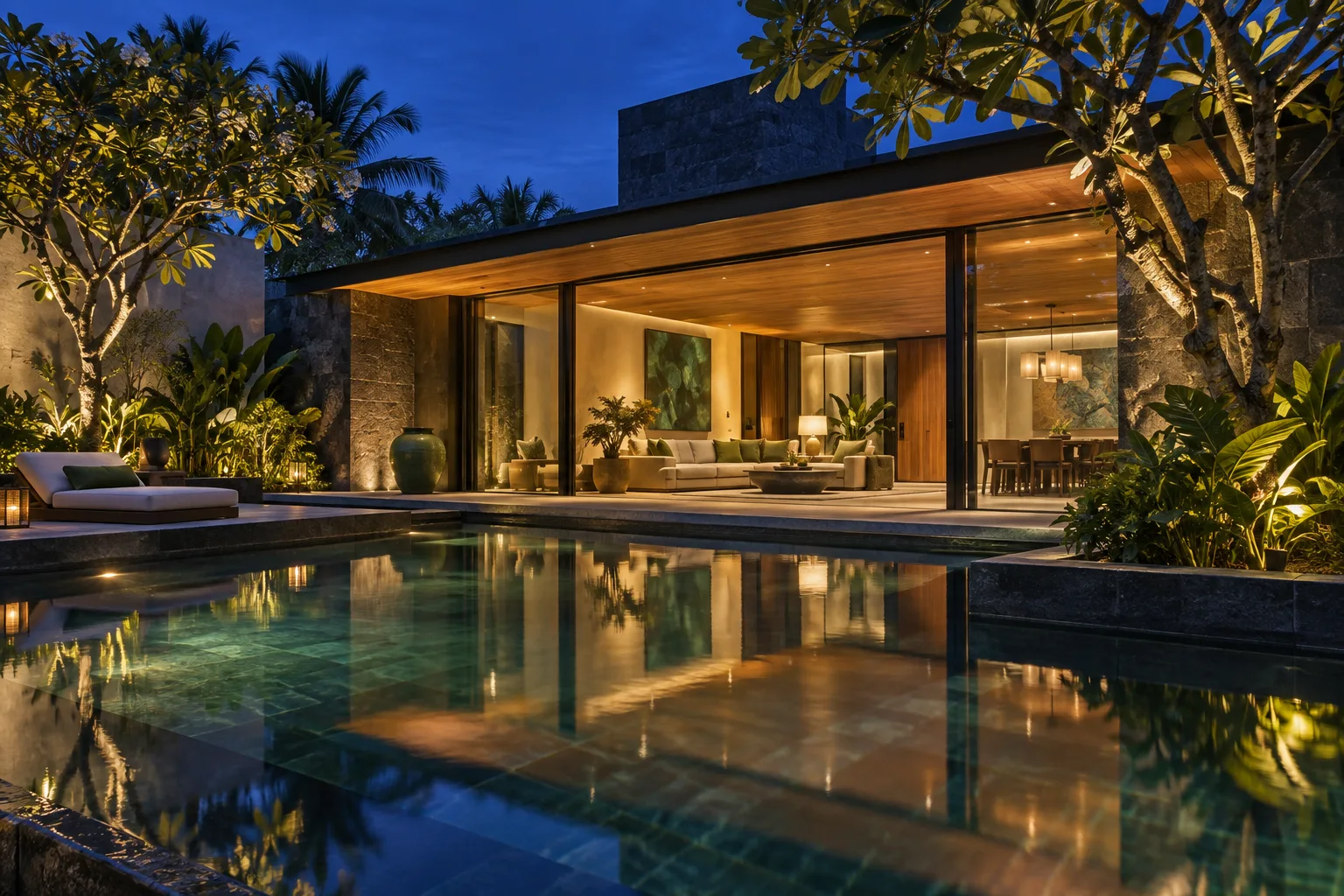 AI concept of a warmly lit tropical courtyard home reflected in a pool at blue hour